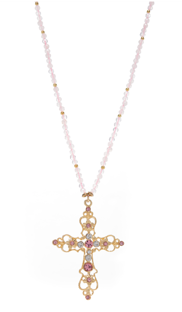 Collana Icona EGREGIE CRUCIS - Dorato Quarzo Rosa